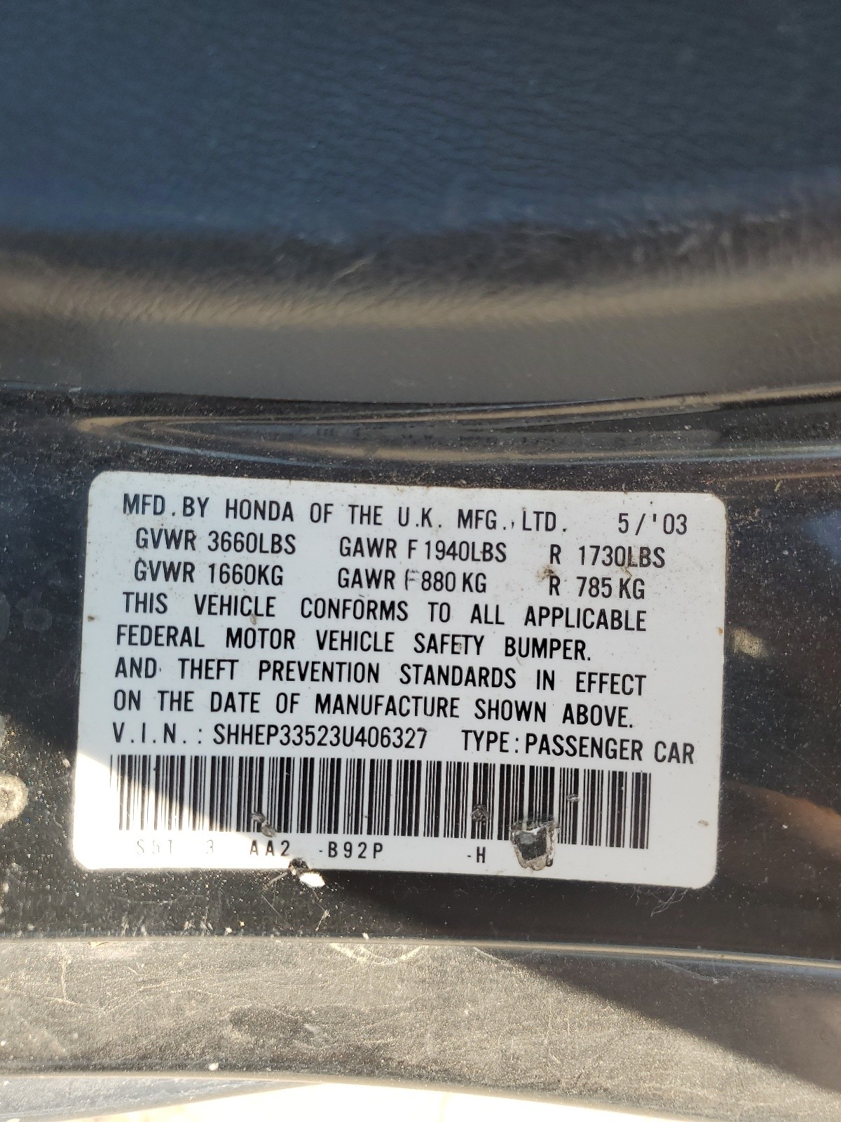 SHHEP33523U406327 2003 Honda Civic Si