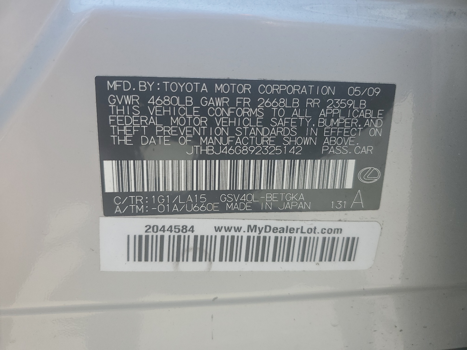 JTHBJ46G892325142 2009 Lexus Es 350