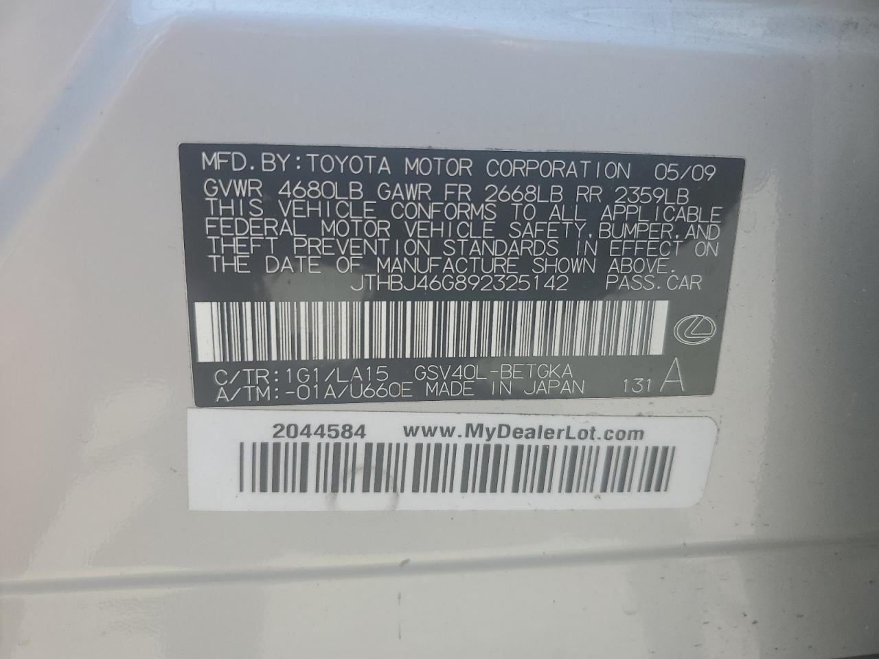 2009 Lexus Es 350 VIN: JTHBJ46G892325142 Lot: 63212134