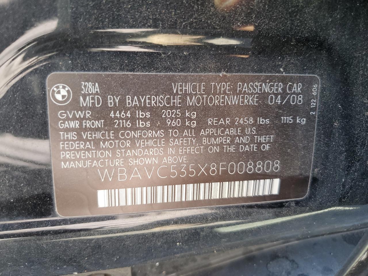 2008 BMW 328 I Sulev VIN: WBAVC535X8F008808 Lot: 61128284