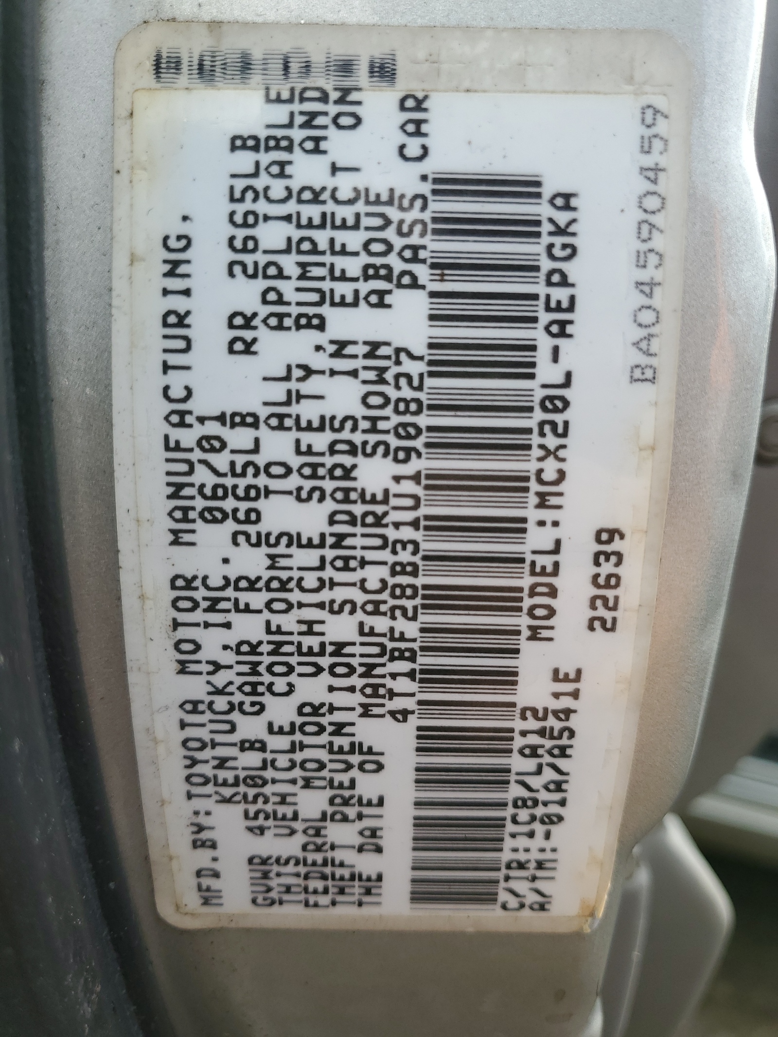 4T1BF28B31U190827 2001 Toyota Avalon Xl