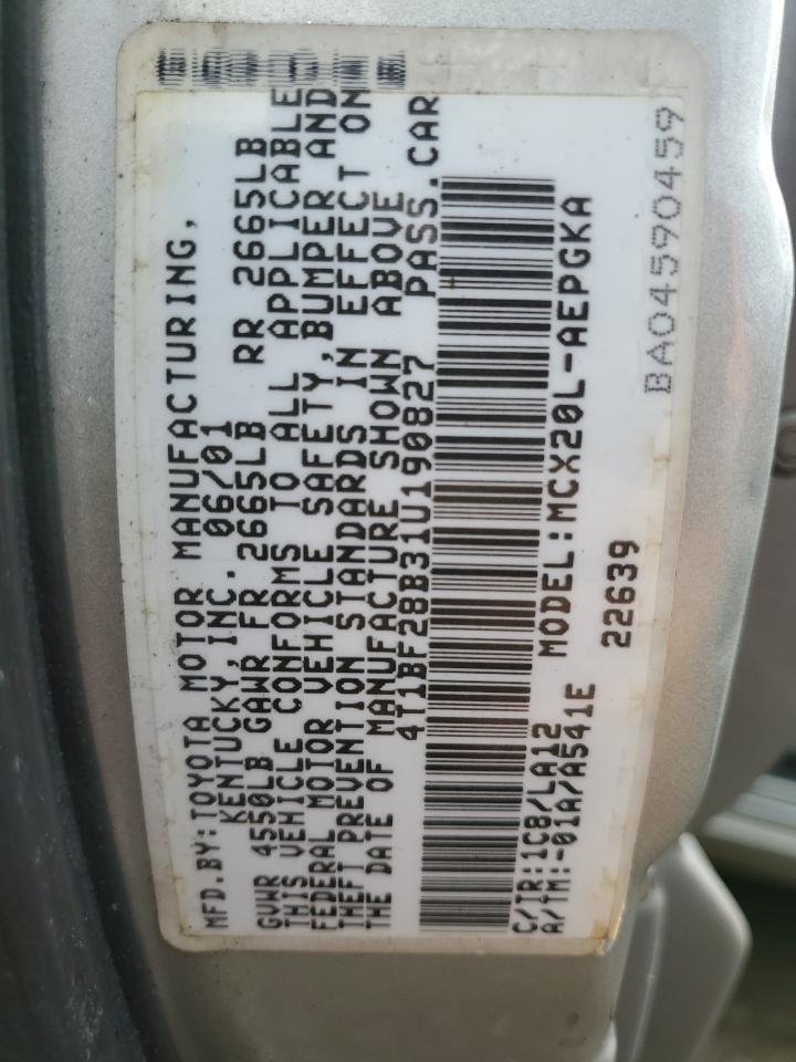 2001 Toyota Avalon Xl VIN: 4T1BF28B31U190827 Lot: 62793924