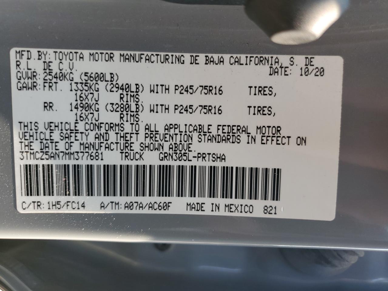 2021 Toyota Tacoma Double Cab VIN: 3TMCZ5AN7MM377681 Lot: 63887334