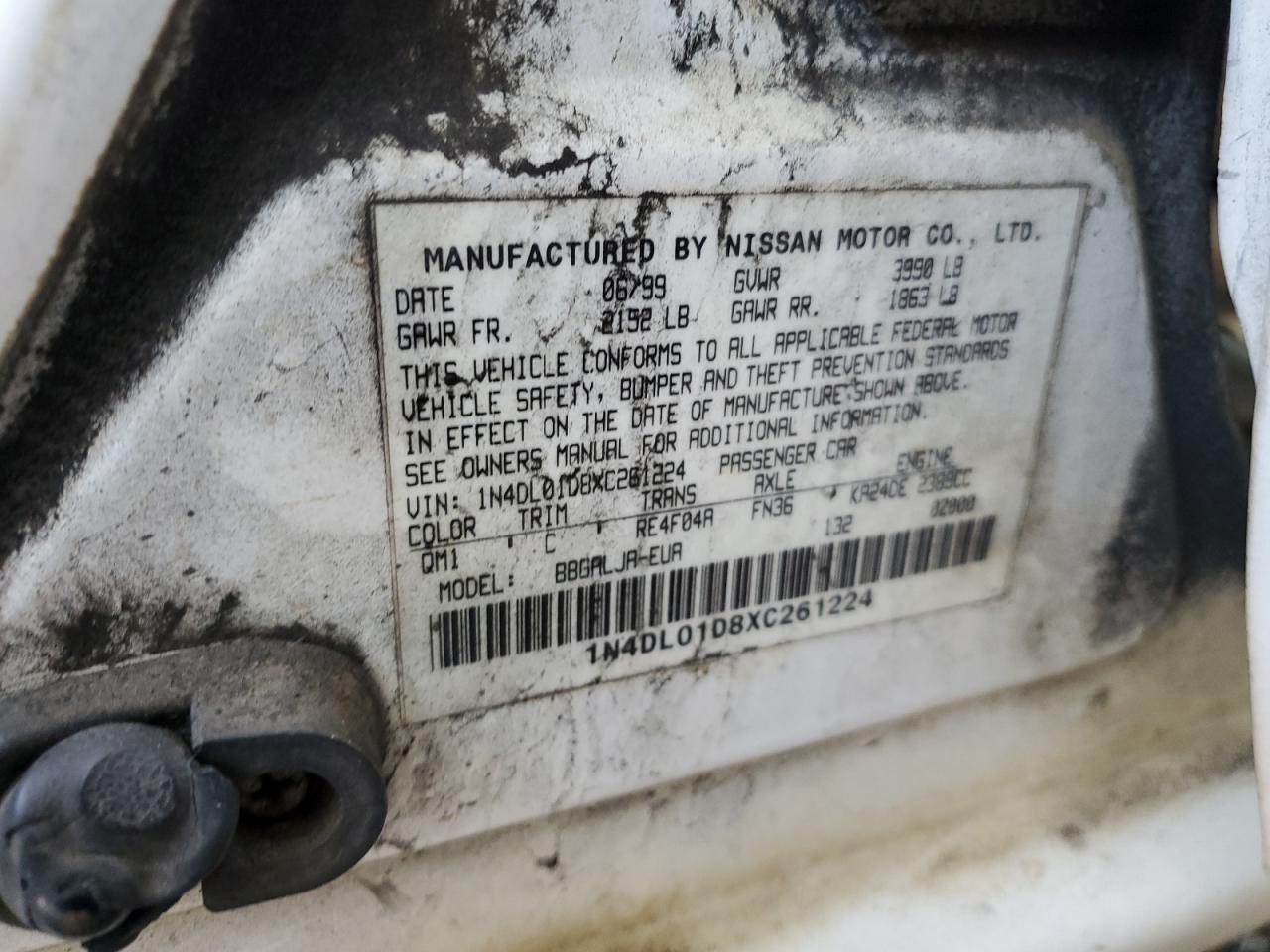 1999 Nissan Altima Xe VIN: 1N4DL01D8XC261224 Lot: 61886404