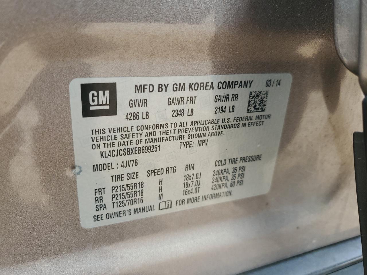 2014 Buick Encore VIN: KL4CJCSBXEB699251 Lot: 64687044