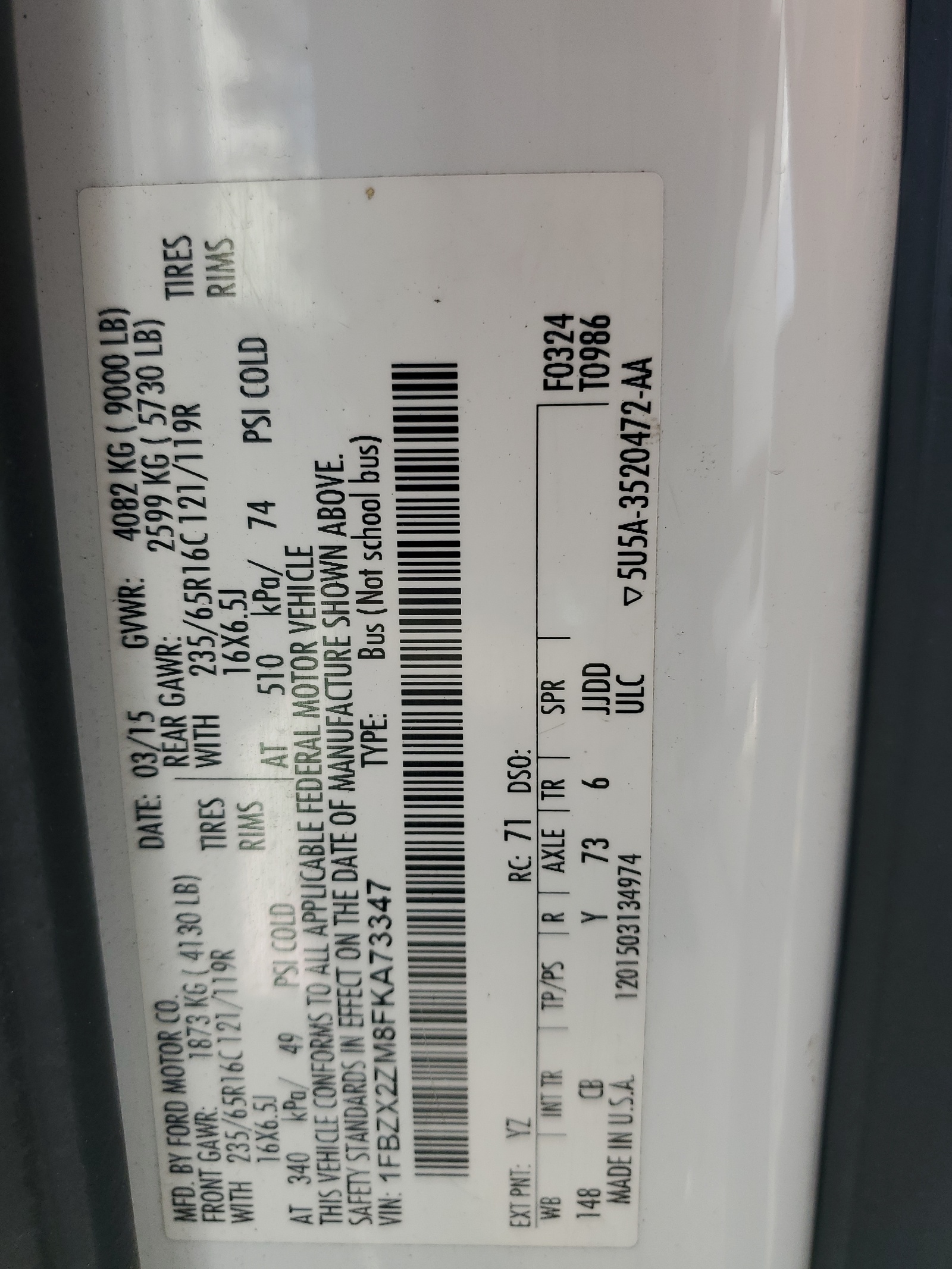 1FBZX2ZM8FKA73347 2015 Ford Transit T-350