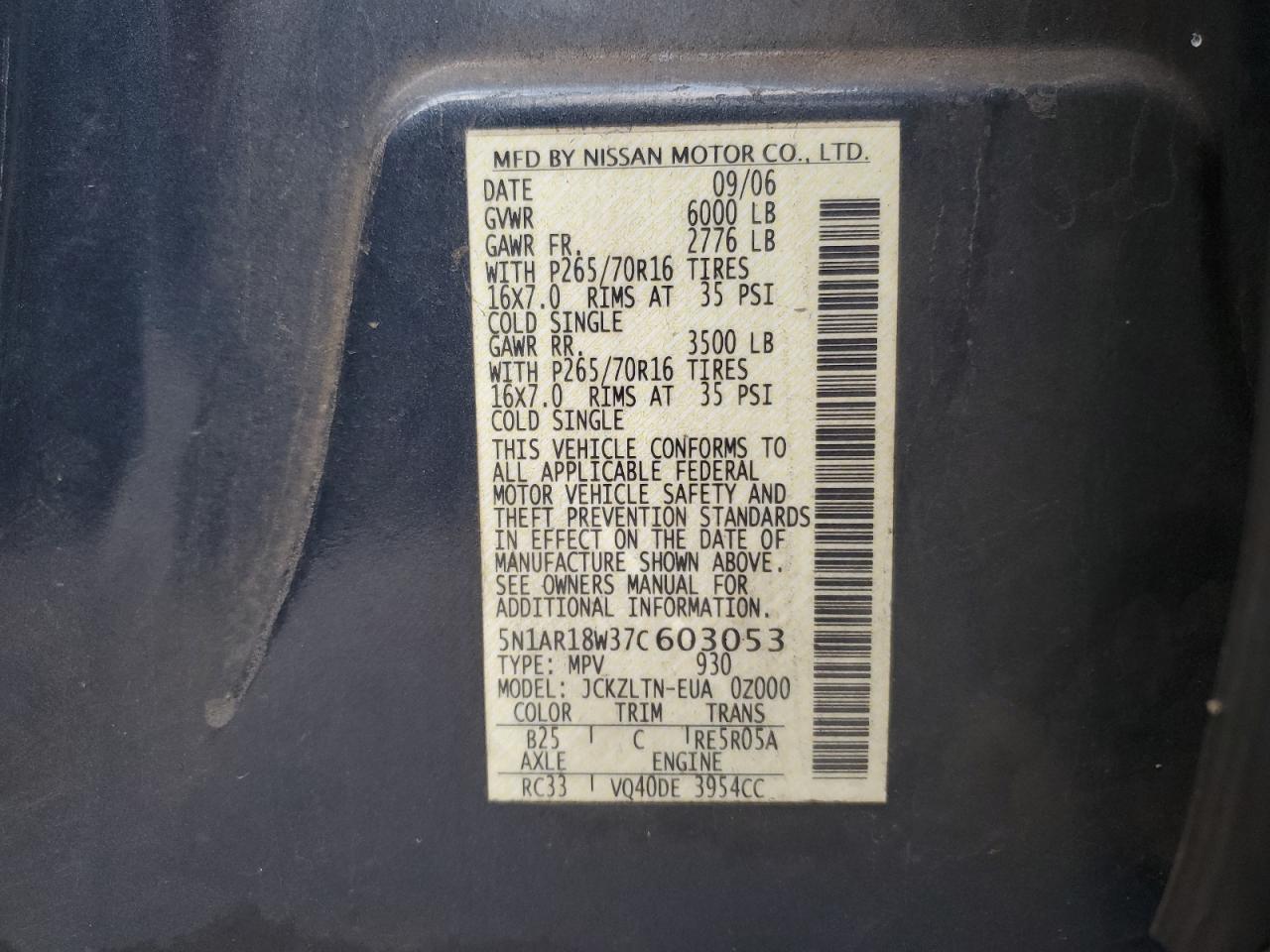 2007 Nissan Pathfinder Le VIN: 5N1AR18W37C603053 Lot: 62082974