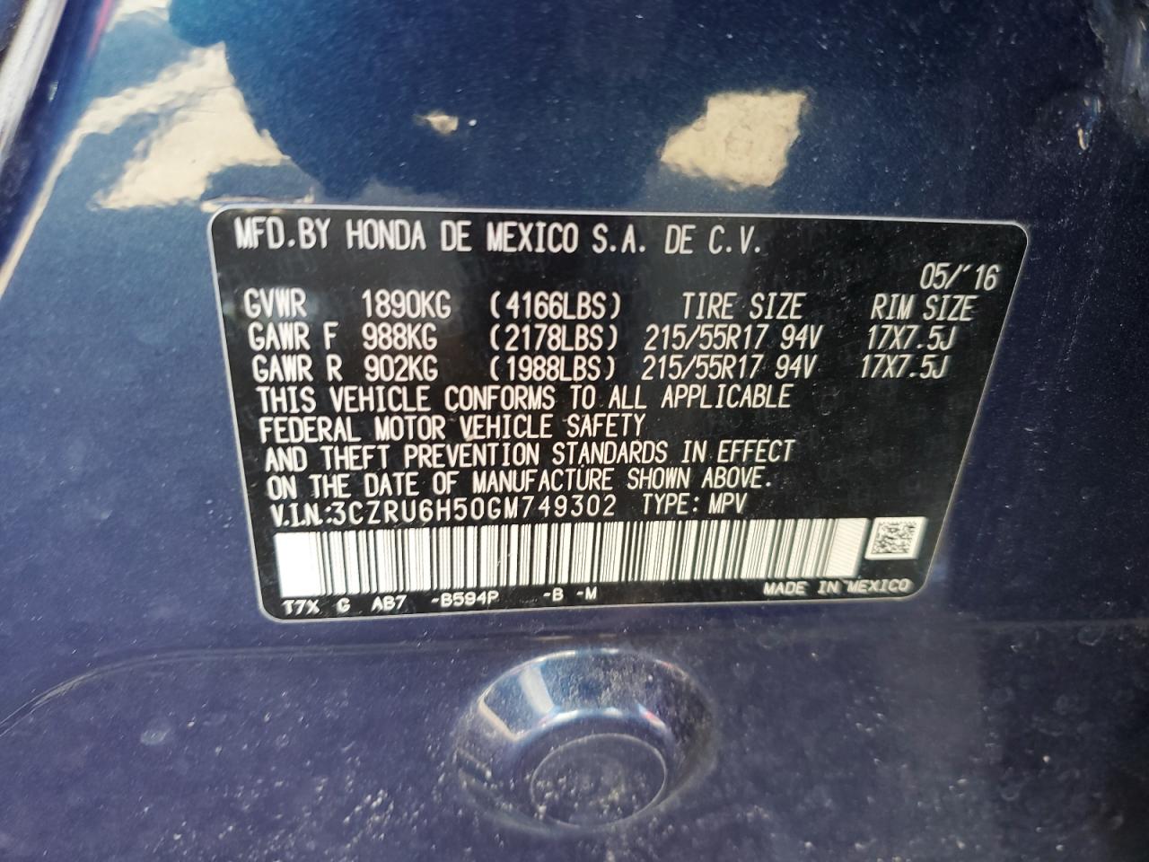 2016 Honda Hr-V Ex VIN: 3CZRU6H50GM749302 Lot: 61726294