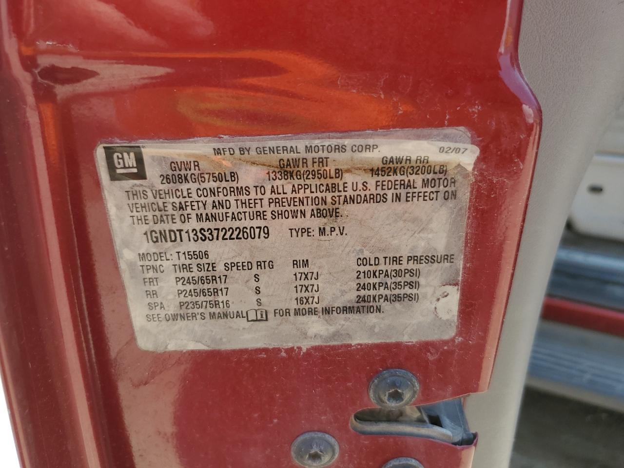 2007 Chevrolet Trailblazer Ls VIN: 1GNDT13S372226079 Lot: 62660054