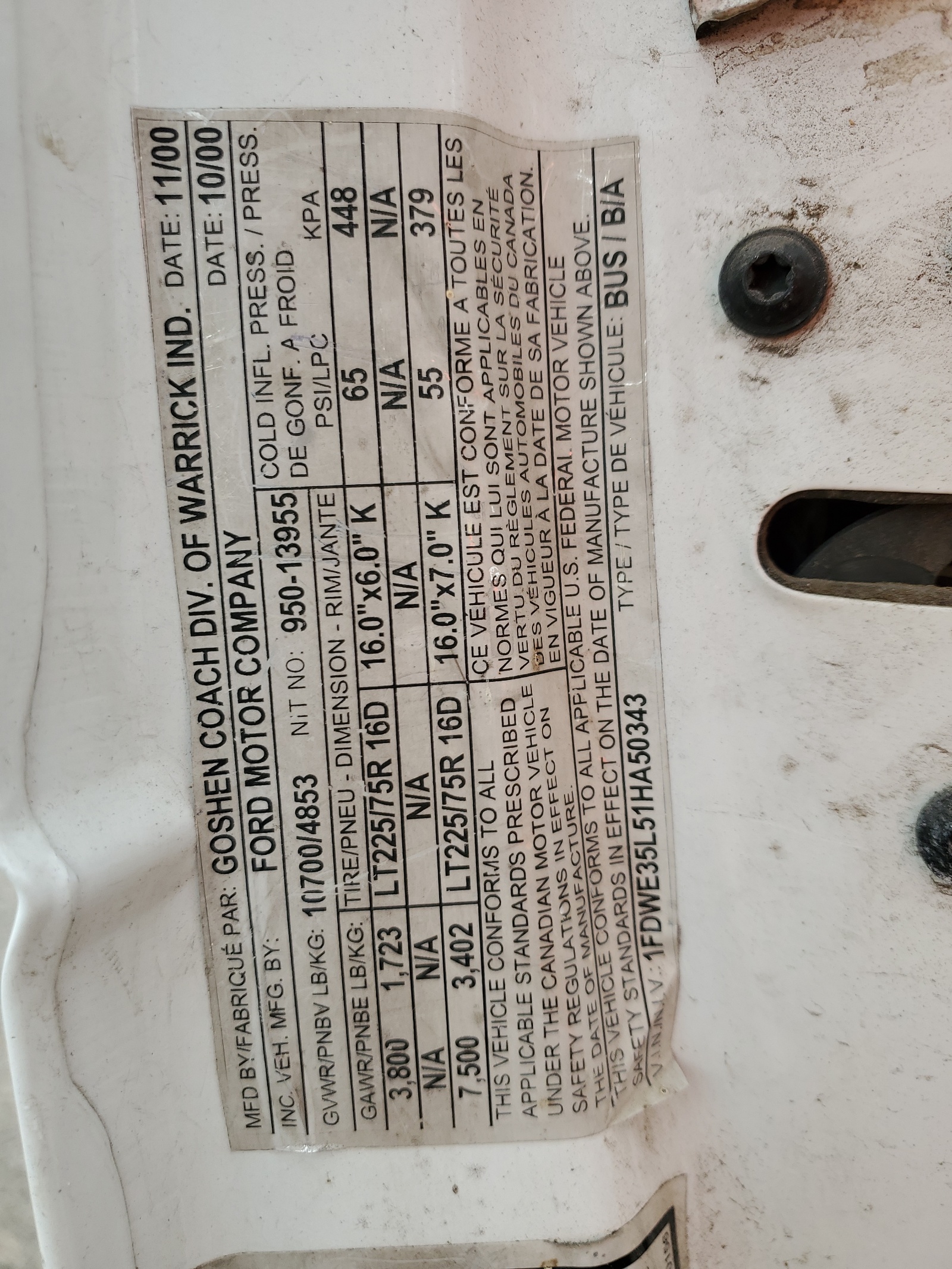 1FDWE35L51HA50343 2001 Ford Econoline E350 Super Duty Cutaway Van