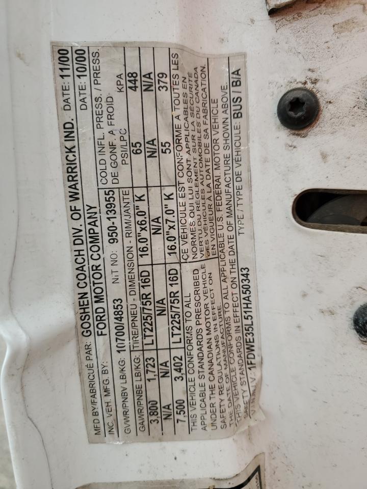 2001 Ford Econoline E350 Super Duty Cutaway Van VIN: 1FDWE35L51HA50343 Lot: 62583274