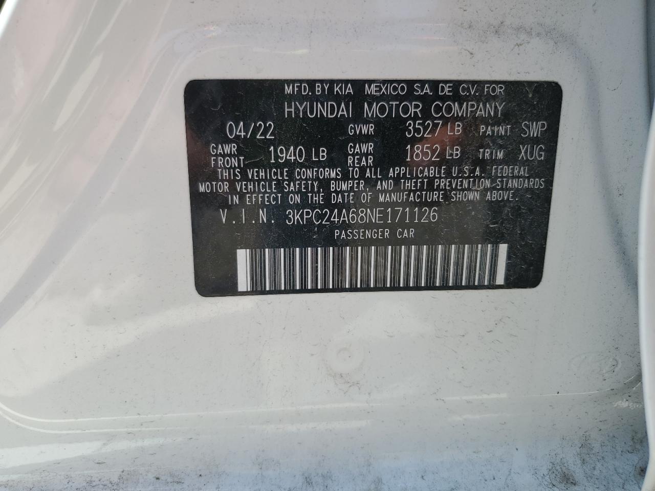 3KPC24A68NE171126 2022 Hyundai Accent Se