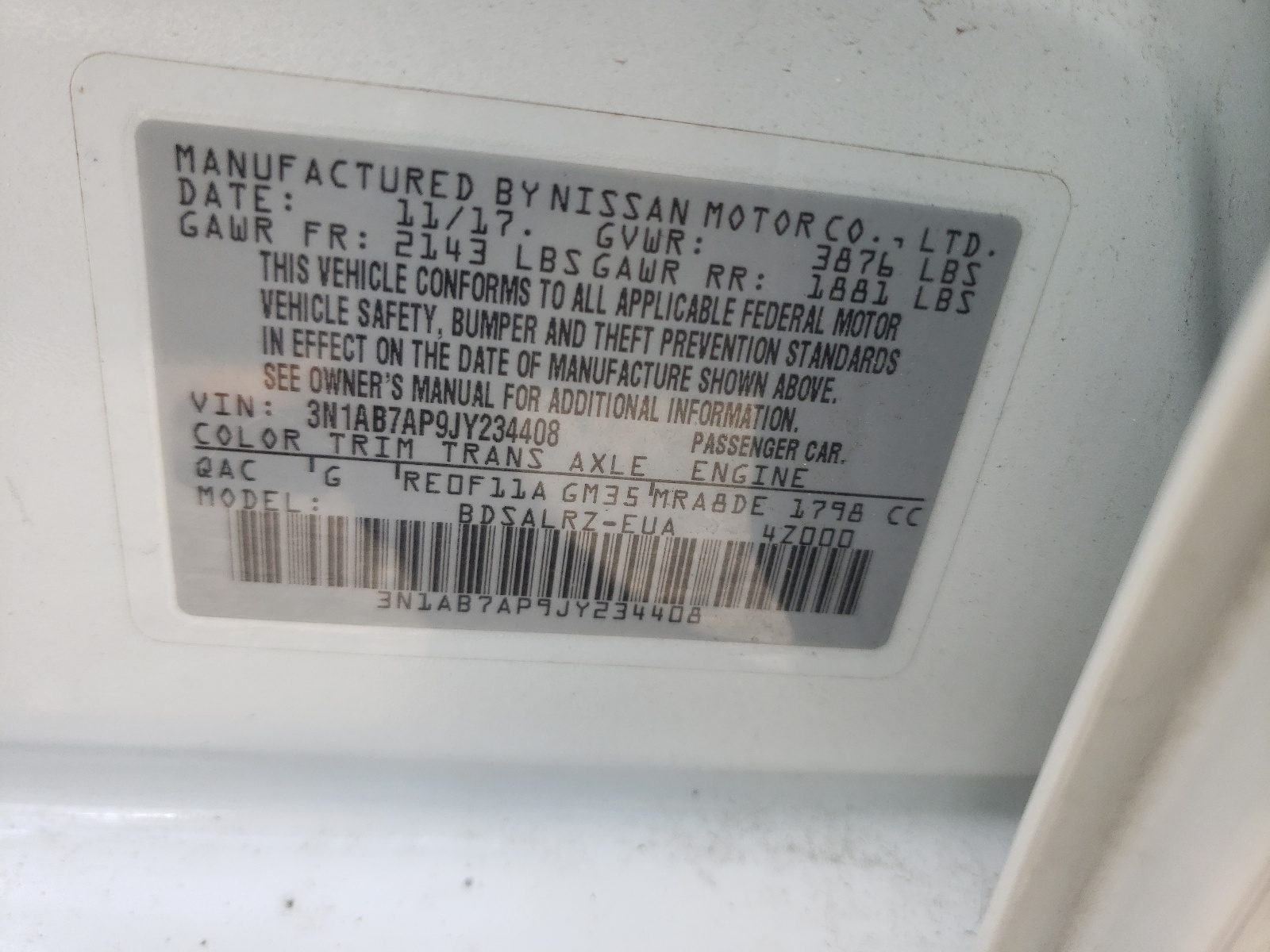 3N1AB7AP9JY234408 2018 Nissan Sentra S