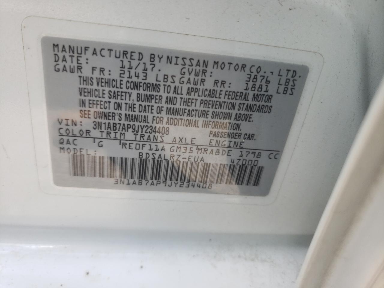 2018 Nissan Sentra S VIN: 3N1AB7AP9JY234408 Lot: 62138424