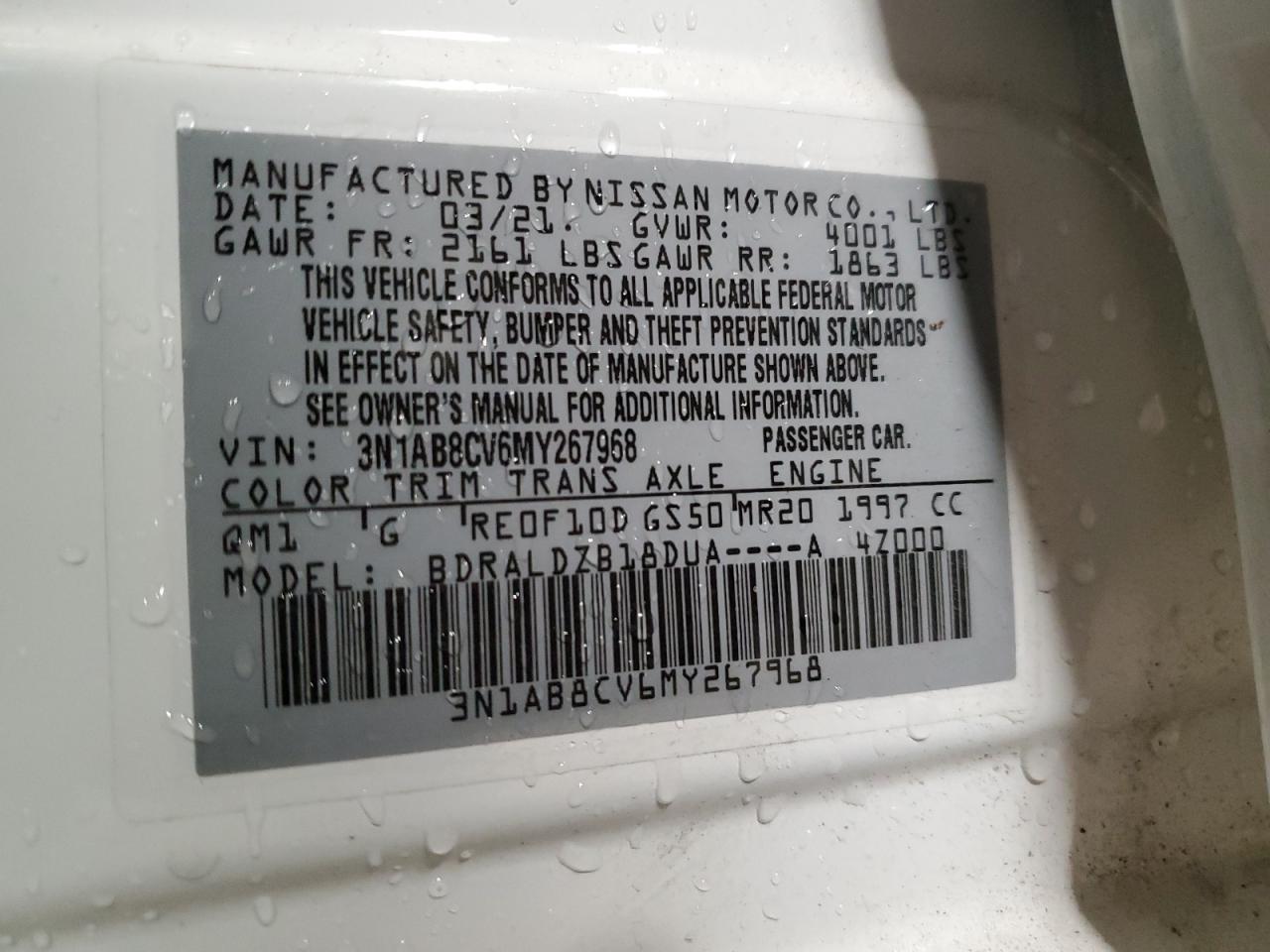 2021 Nissan Sentra Sv VIN: 3N1AB8CV6MY267968 Lot: 65054814