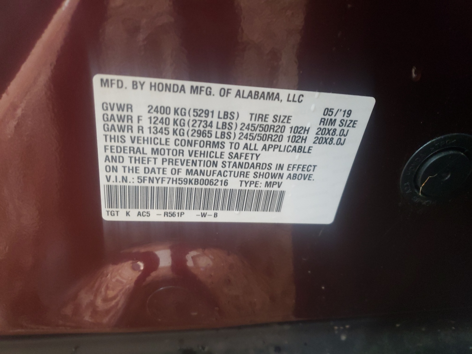 5FNYF7H59KB006216 2019 Honda Passport Exl