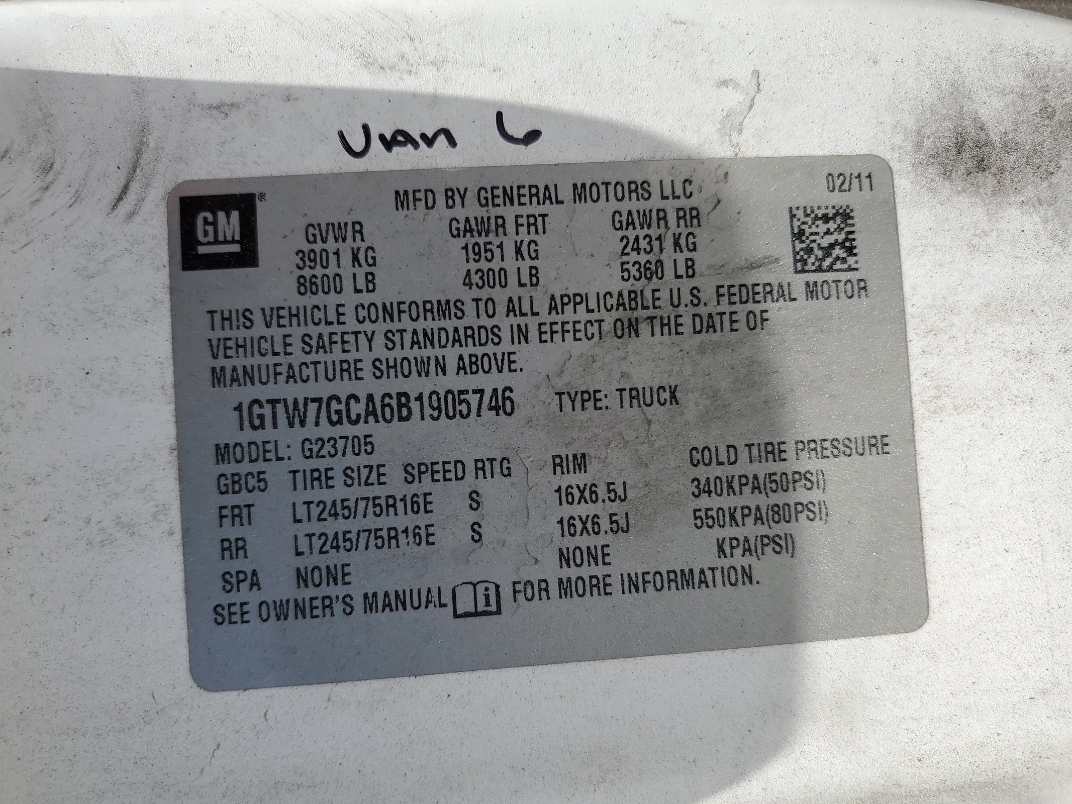 1GTW7GCA6B1905746 2011 GMC Savana G2500