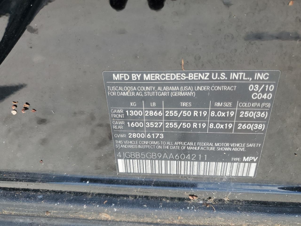 2010 Mercedes-Benz Ml 350 VIN: 4JGBB5GB9AA604211 Lot: 64781474