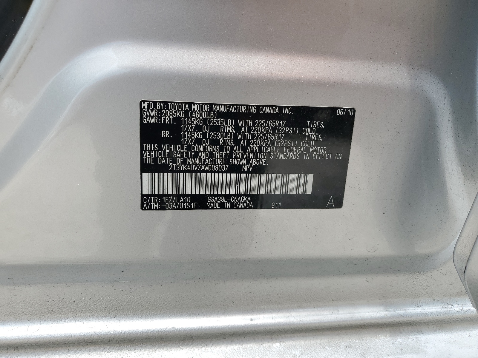 2T3YK4DV7AW008037 2010 Toyota Rav4 Limited