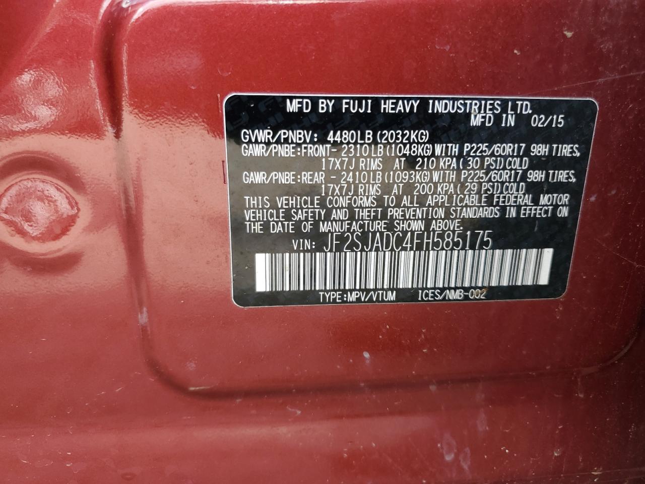 2015 Subaru Forester 2.5I Premium VIN: JF2SJADC4FH585175 Lot: 64632154