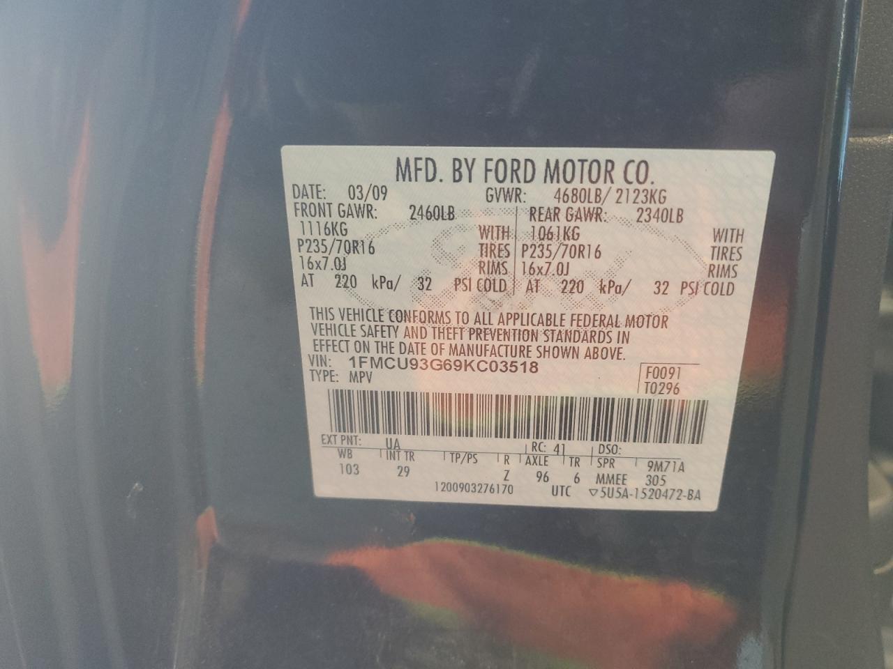 2009 Ford Escape Xlt VIN: 1FMCU93G69KC03518 Lot: 64575144