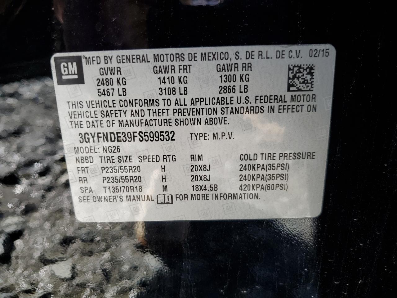 2015 Cadillac Srx Premium Collection VIN: 3GYFNDE39FS599532 Lot: 61427264