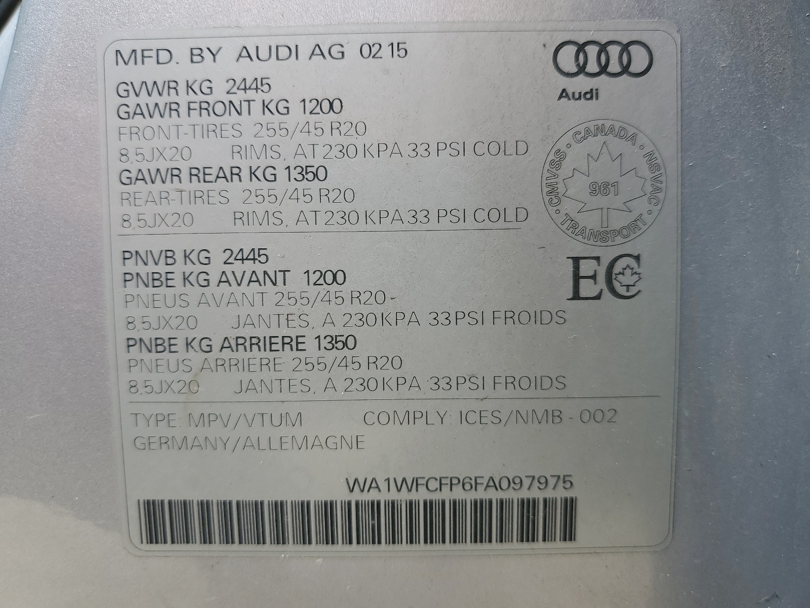 WA1WFCFP6FA097975 2015 Audi Q5 Prestige