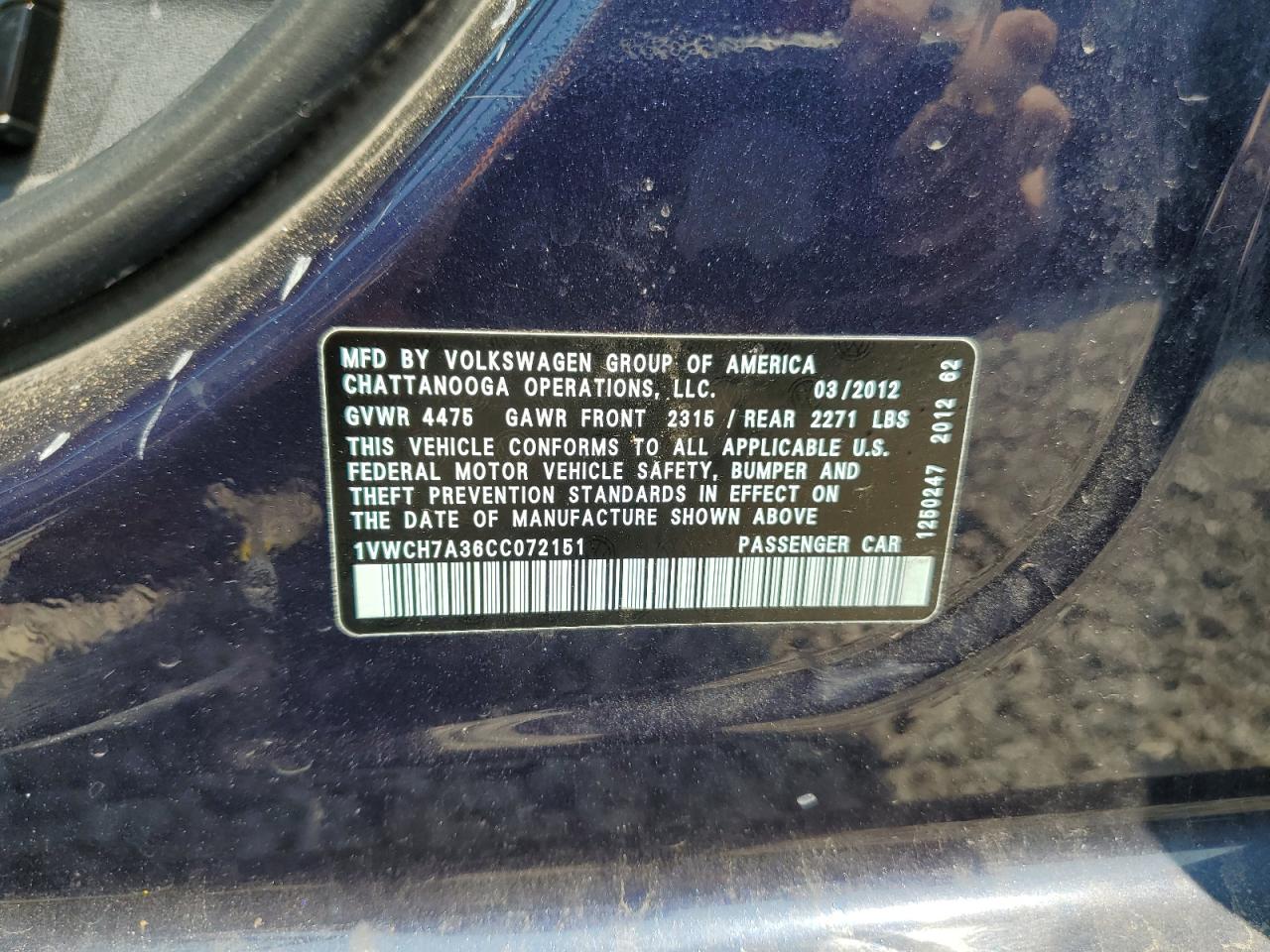 2012 Volkswagen Passat Sel VIN: 1VWCH7A36CC072151 Lot: 68238124