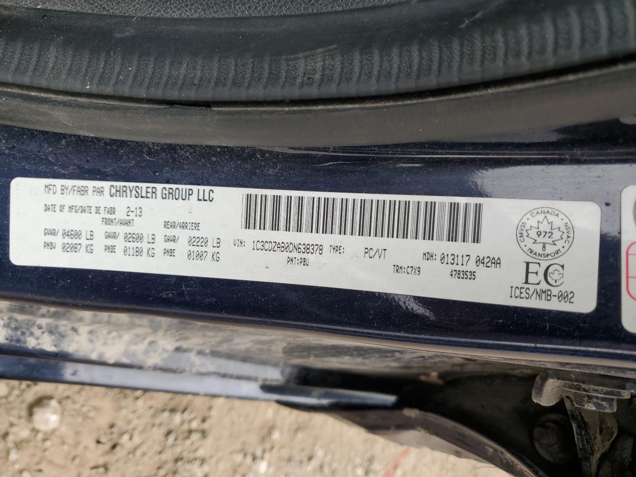 2013 Dodge Avenger Se VIN: 1C3CDZAB0DN638378 Lot: 64228694