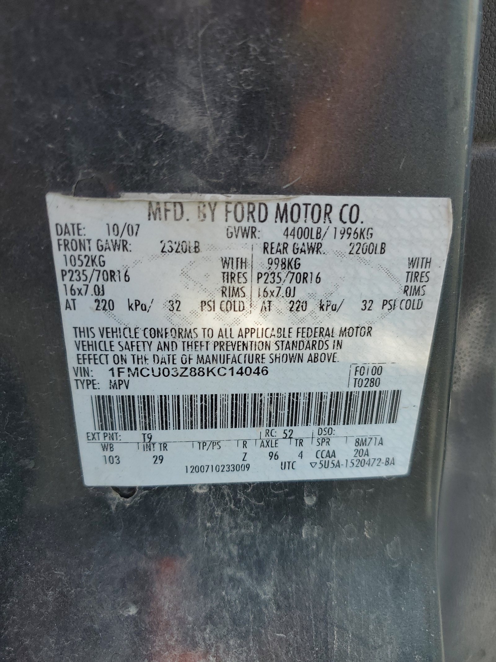 1FMCU03Z88KC14046 2008 Ford Escape Xlt