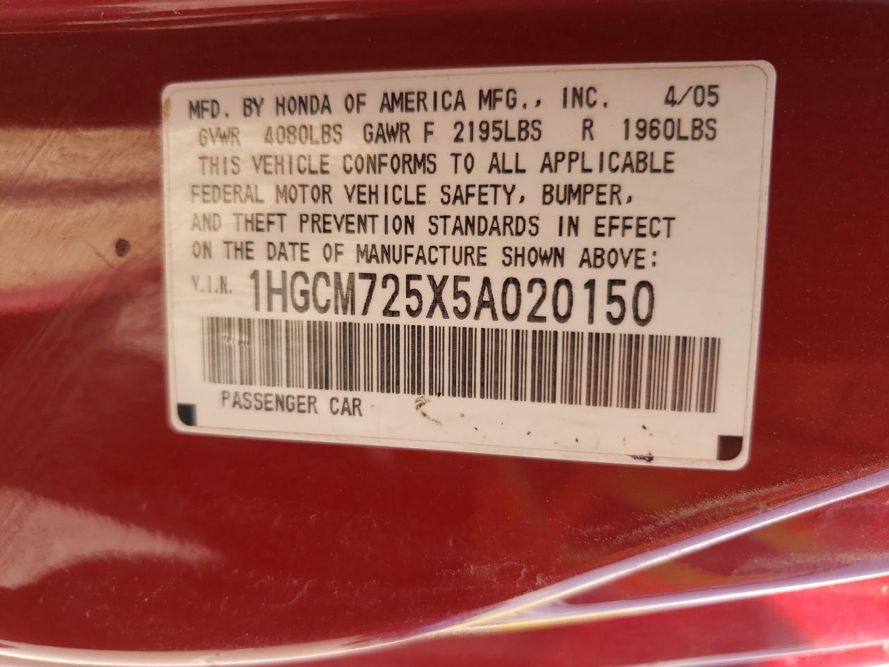 2005 Honda Accord Lx VIN: 1HGCM725X5A020150 Lot: 62676904