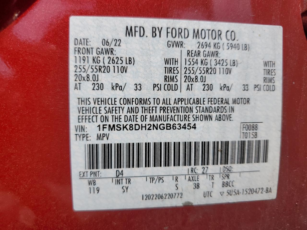 2022 Ford Explorer Xlt VIN: 1FMSK8DH2NGB63454 Lot: 63483614