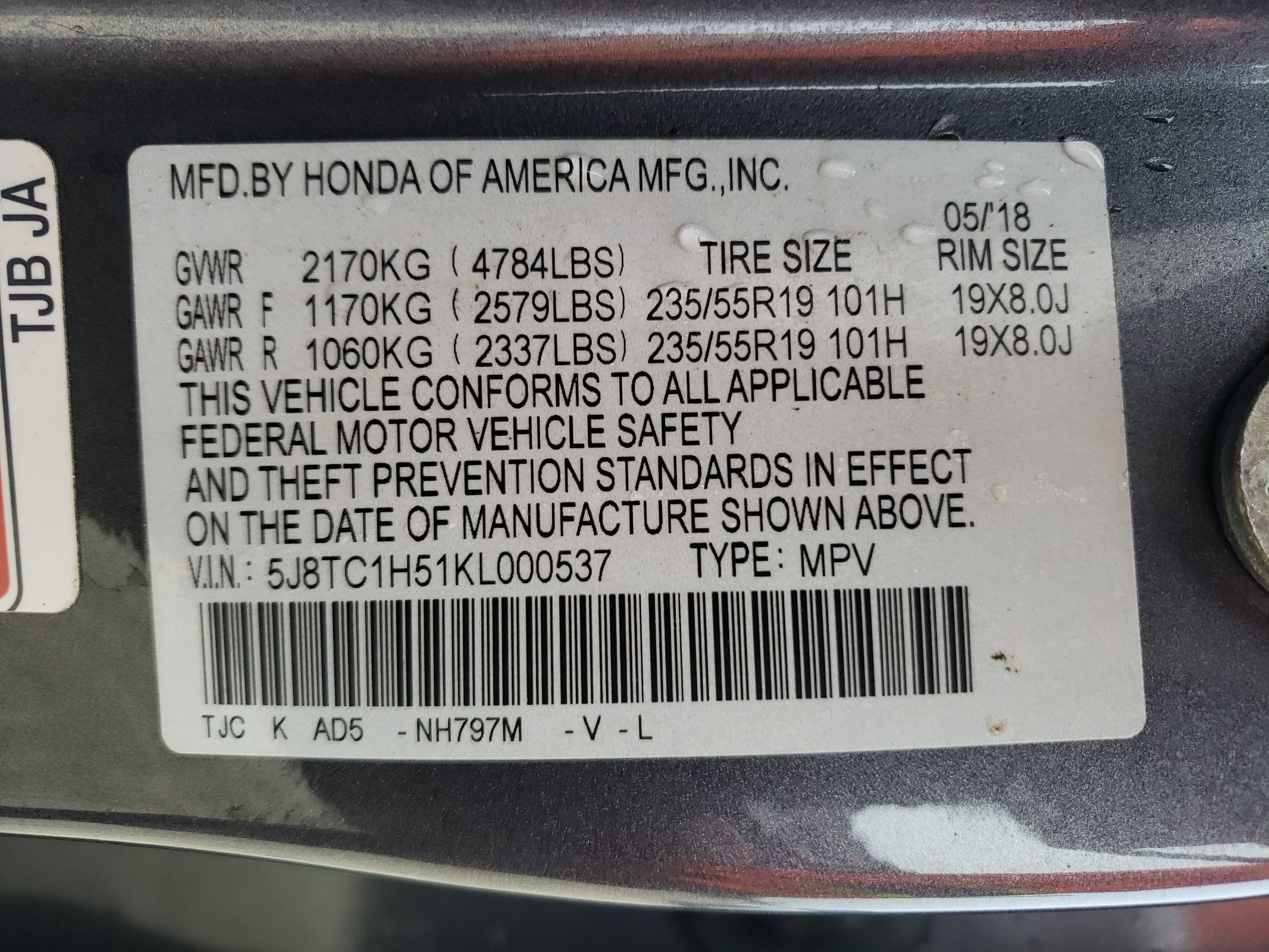 5J8TC1H51KL000537 2019 Acura Rdx Technology