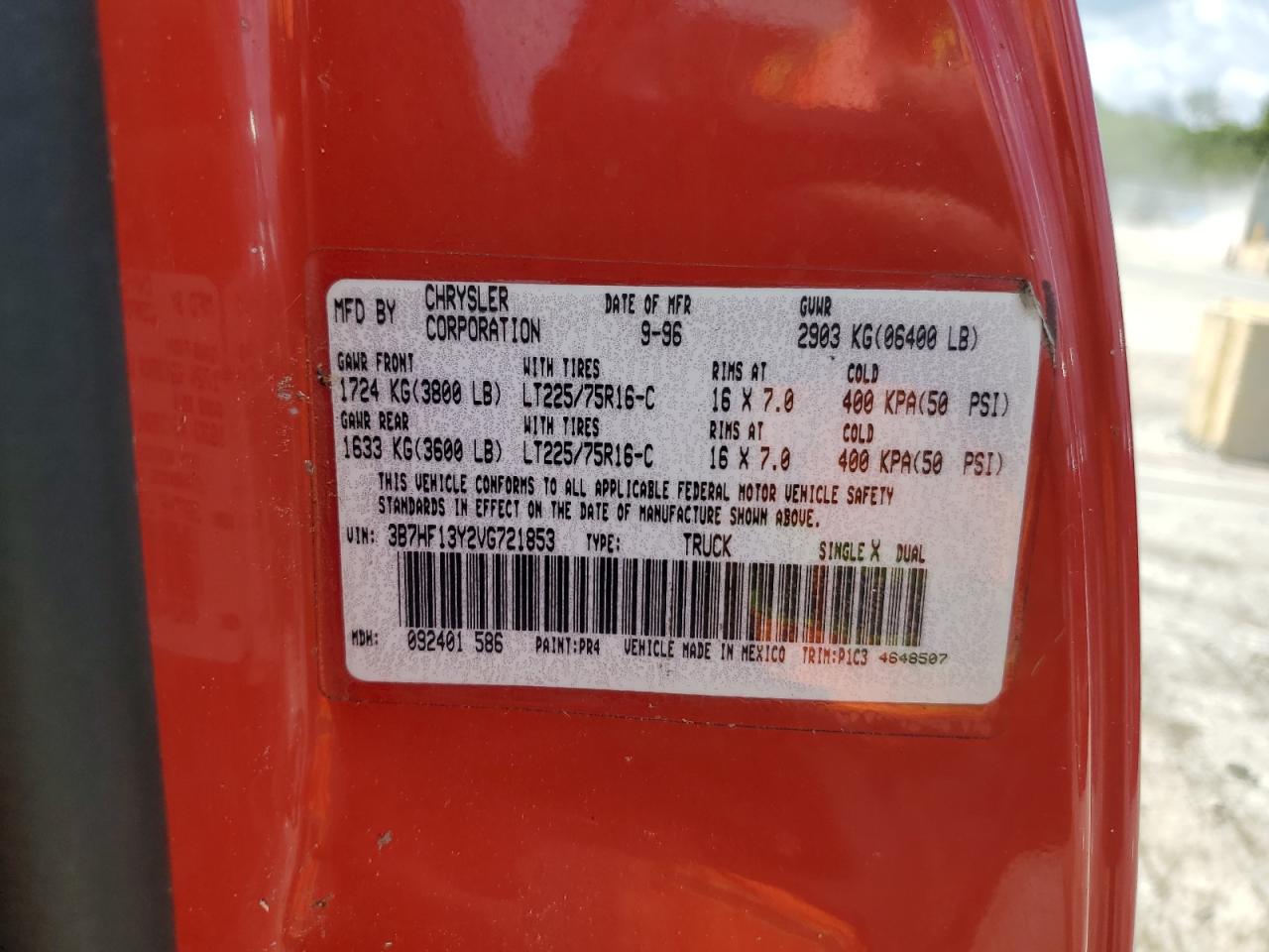 1997 Dodge Ram 1500 VIN: 3B7HF13Y2VG721853 Lot: 62716244