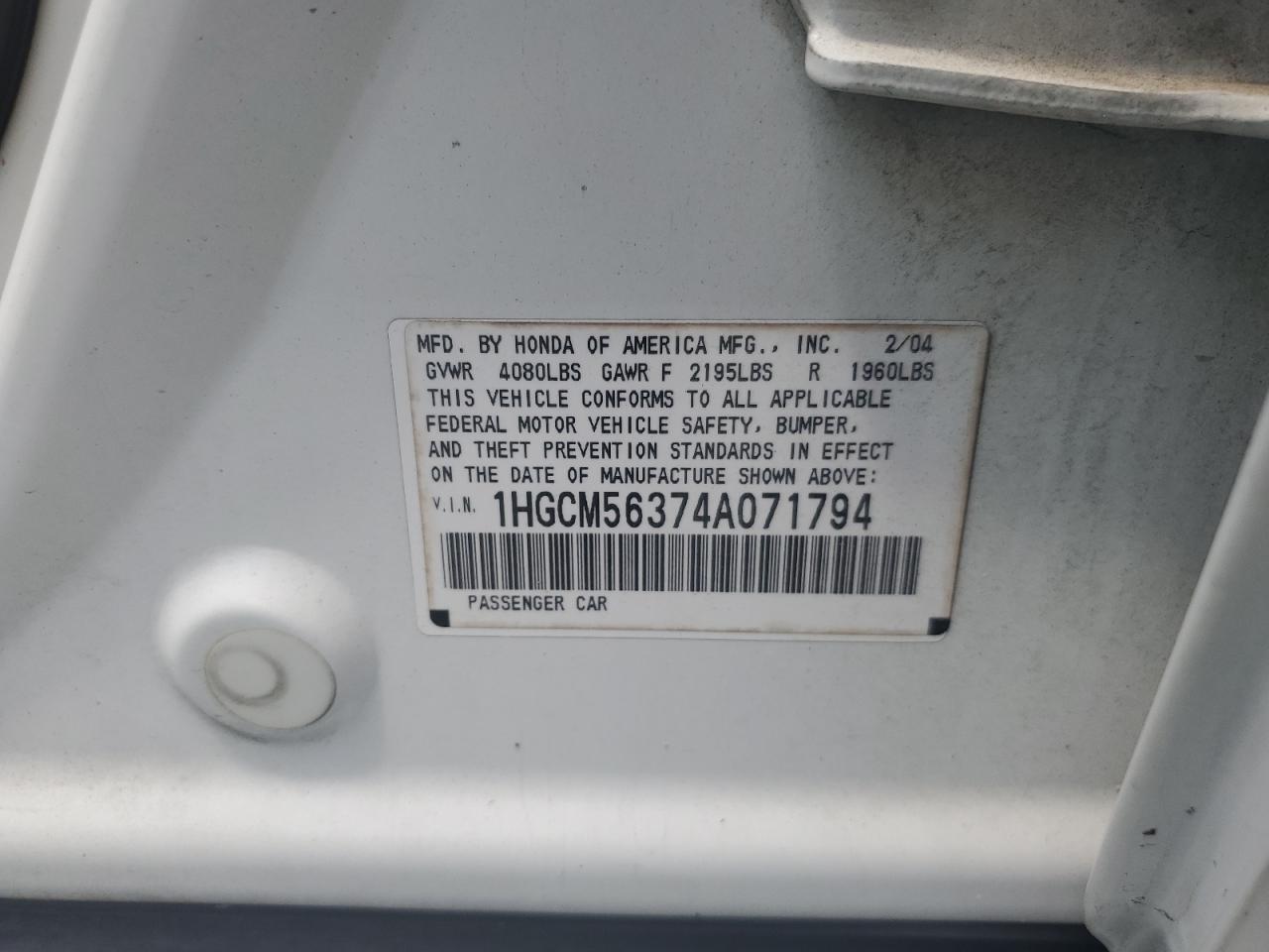 2004 Honda Accord Lx VIN: 1HGCM56374A071794 Lot: 64434404