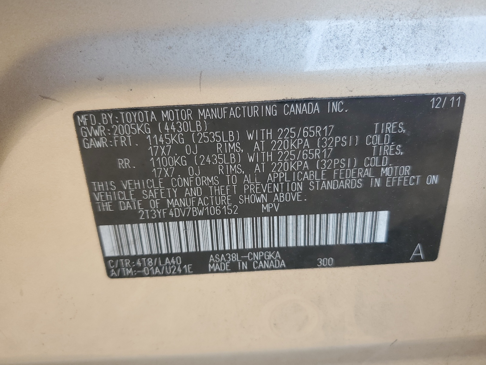 2T3YF4DV7BW106152 2011 Toyota Rav4 Limited