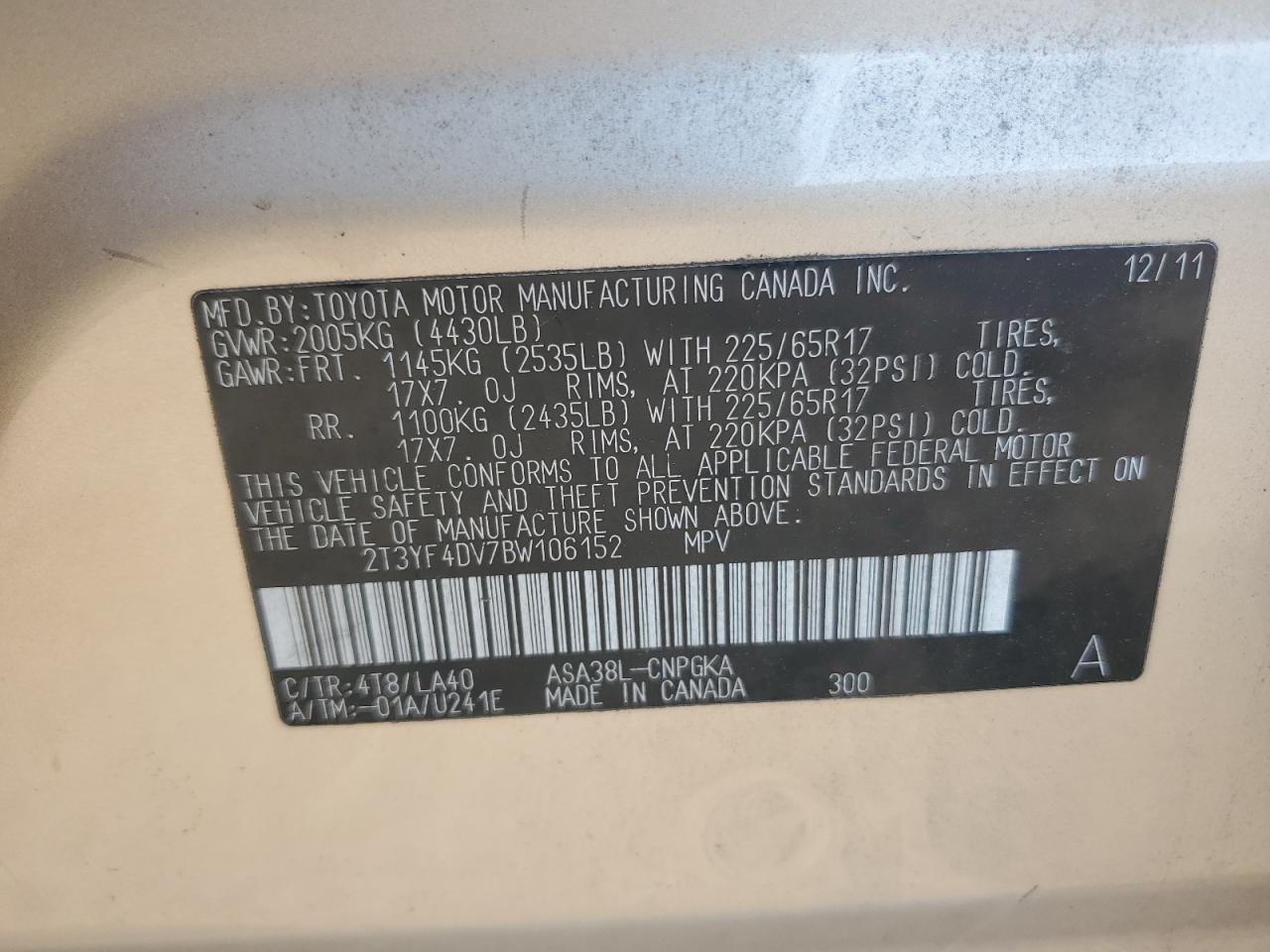 2011 Toyota Rav4 Limited VIN: 2T3YF4DV7BW106152 Lot: 64773314