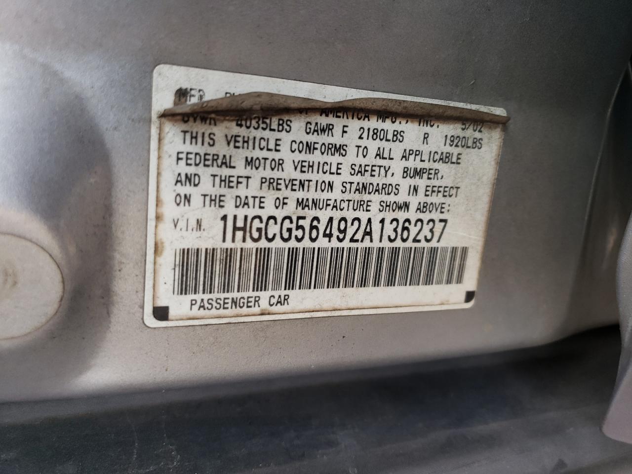 1HGCG56492A136237 2002 Honda Accord Lx