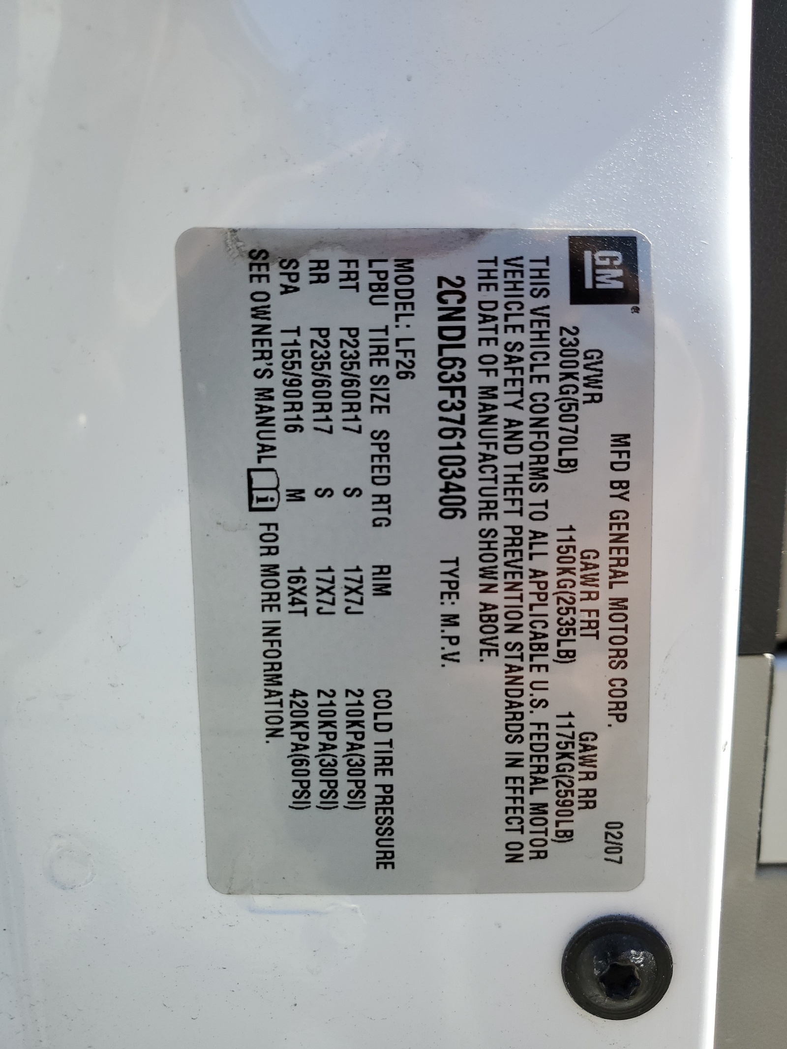 2CNDL63F376103406 2007 Chevrolet Equinox Lt