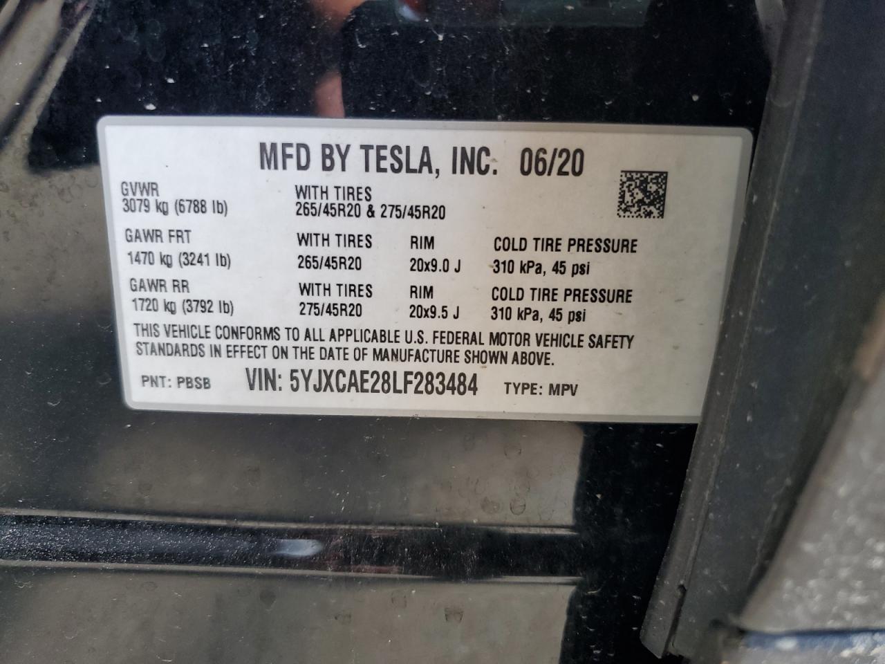 5YJXCAE28LF283484 2020 Tesla Model X