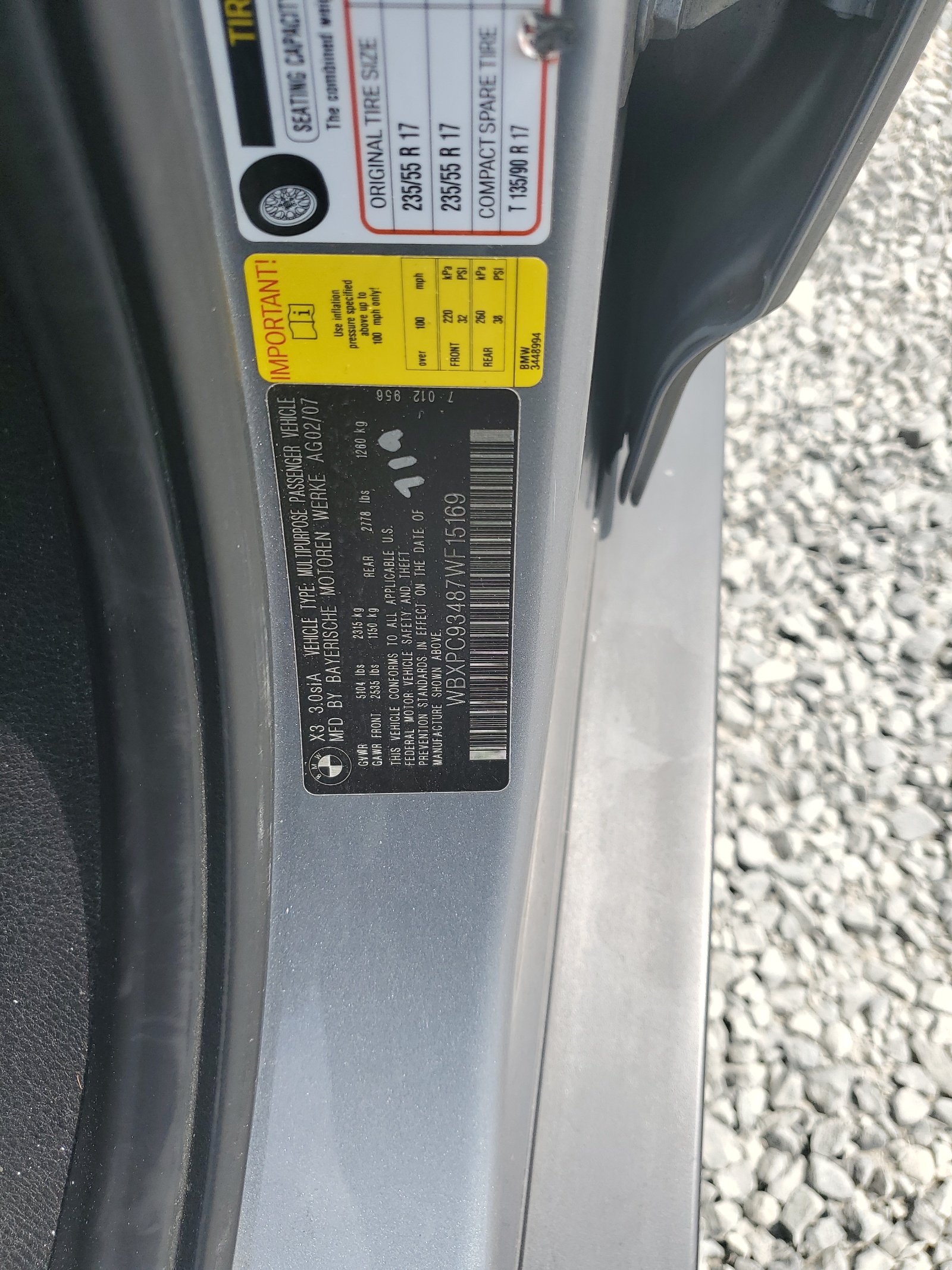 WBXPC93487WF15169 2007 BMW X3 3.0Si