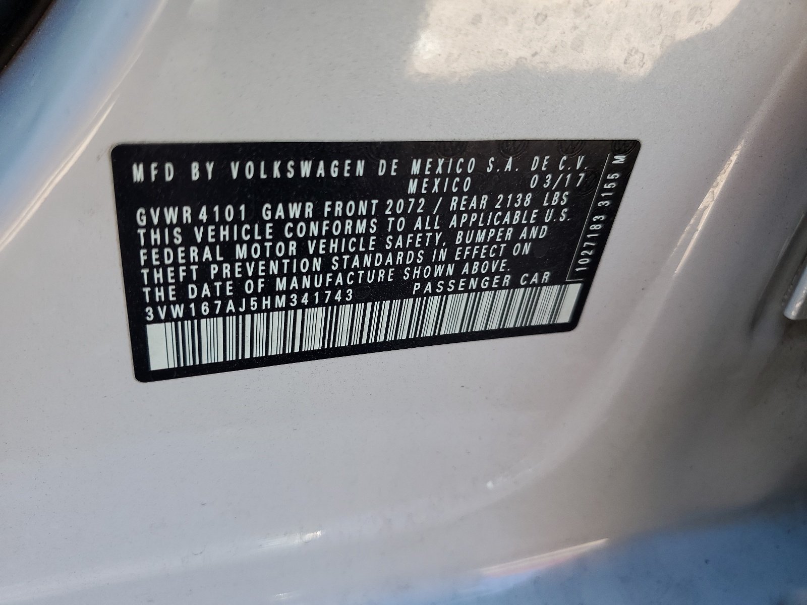 3VW167AJ5HM341743 2017 Volkswagen Jetta S