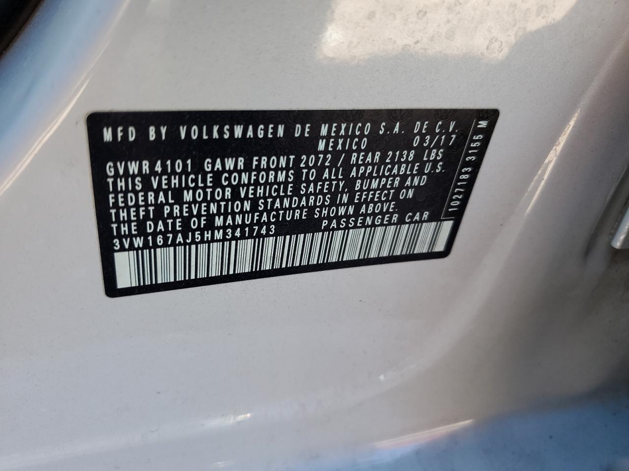 2017 Volkswagen Jetta S VIN: 3VW167AJ5HM341743 Lot: 62069754