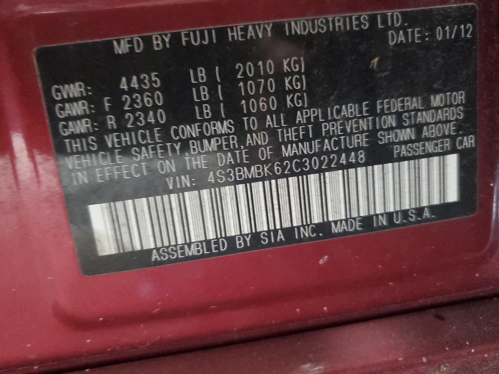 4S3BMBK62C3022448 2012 Subaru Legacy 2.5I Limited