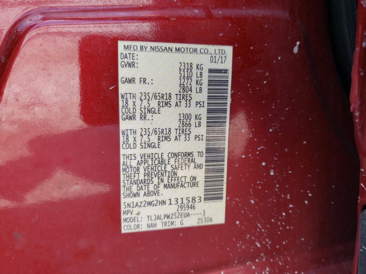 2017 Nissan Murano S VIN: 5N1AZ2MG2HN131583 Lot: 62910804