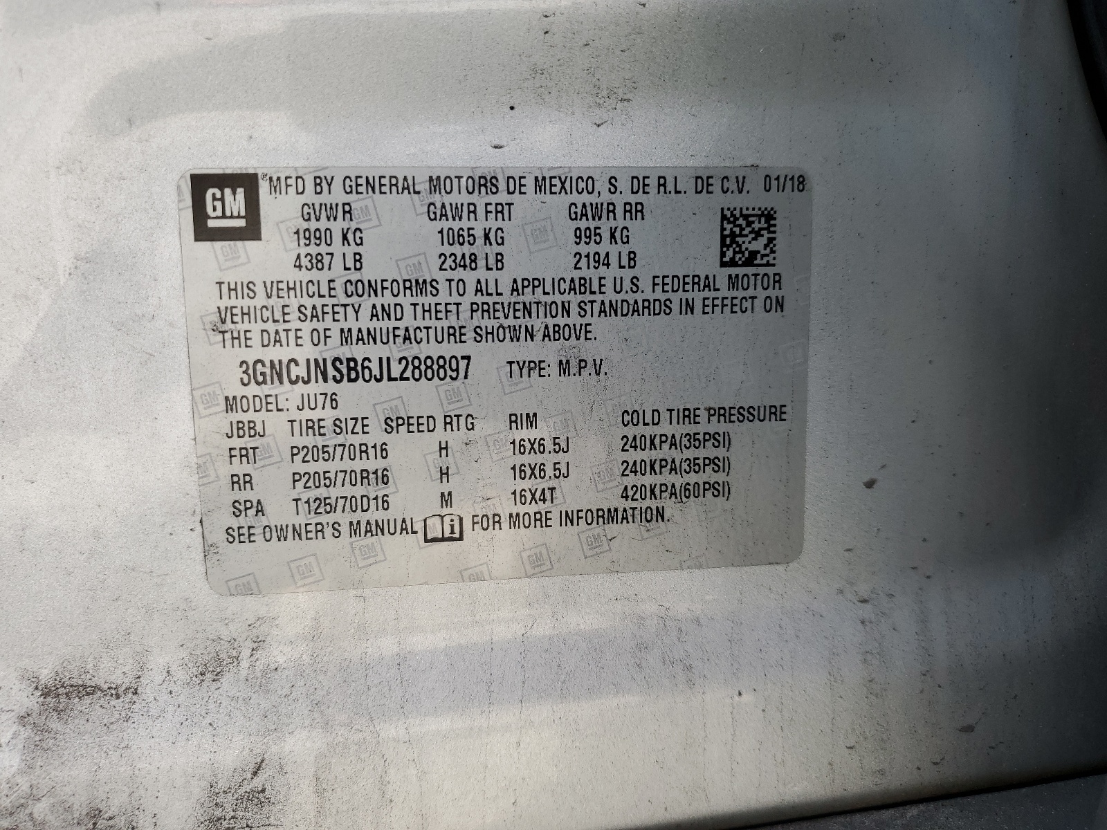 3GNCJNSB6JL288897 2018 Chevrolet Trax Ls