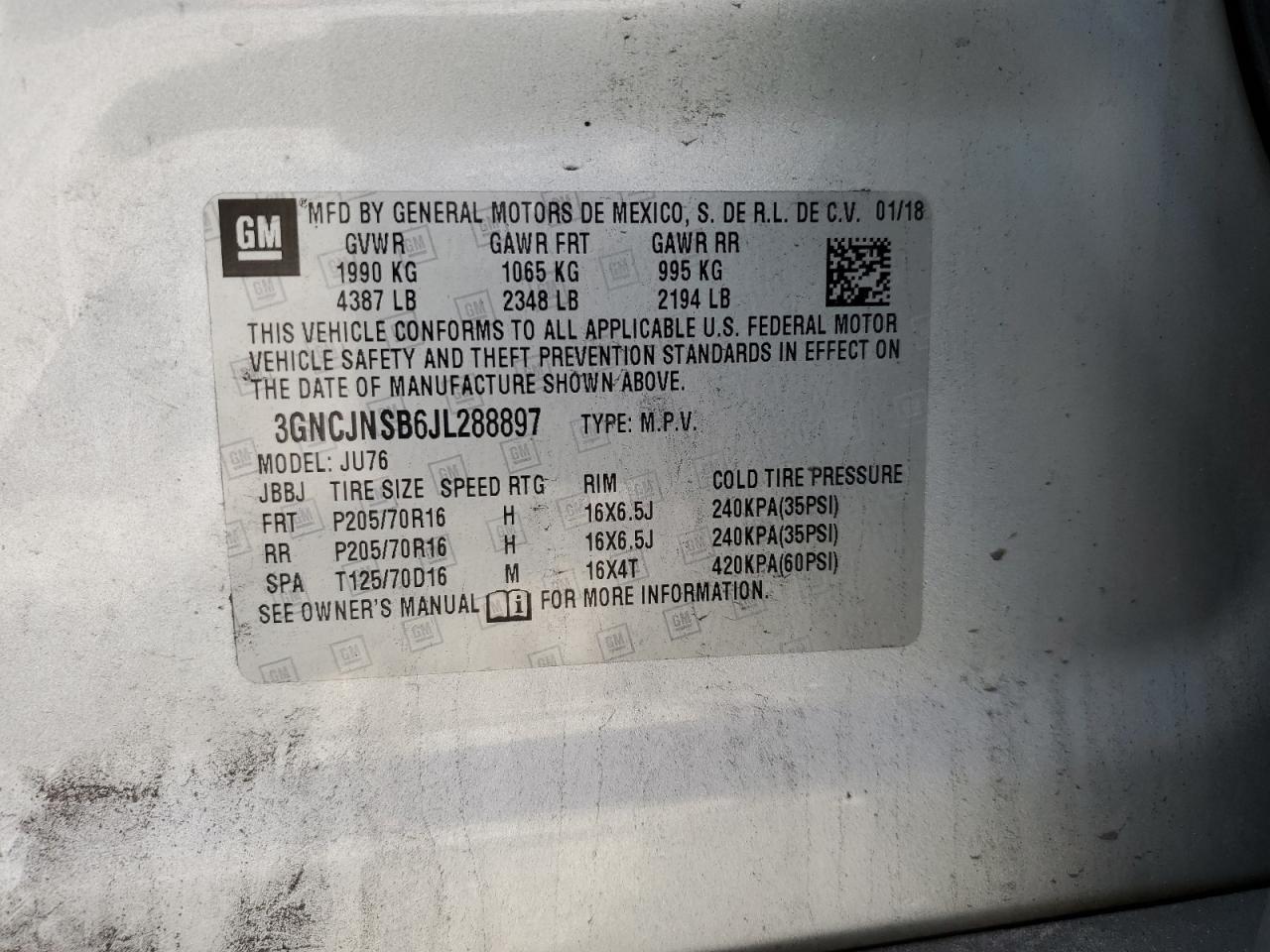 2018 Chevrolet Trax Ls VIN: 3GNCJNSB6JL288897 Lot: 64833204