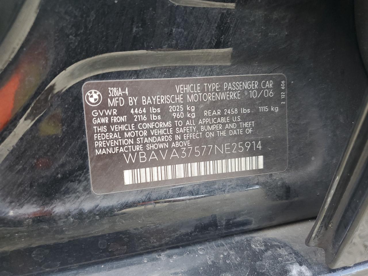 2007 BMW 328 I VIN: WBAVA37577NE25914 Lot: 64526454