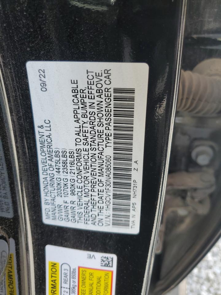 2022 Honda Accord Sport VIN: 1HGCV1F30NA085060 Lot: 63878904