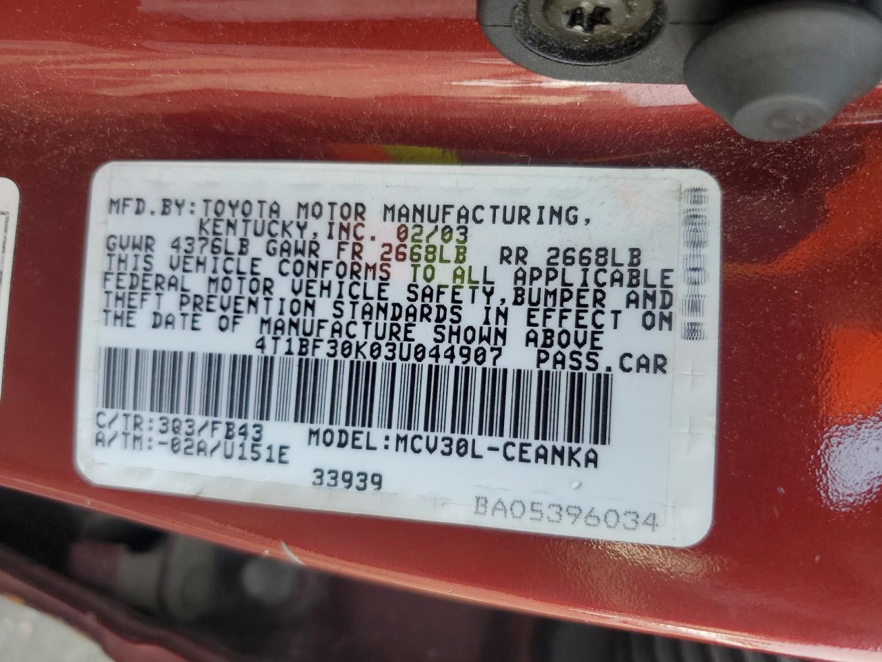 2003 Toyota Camry Le VIN: 4T1BF30K03U044907 Lot: 64596164